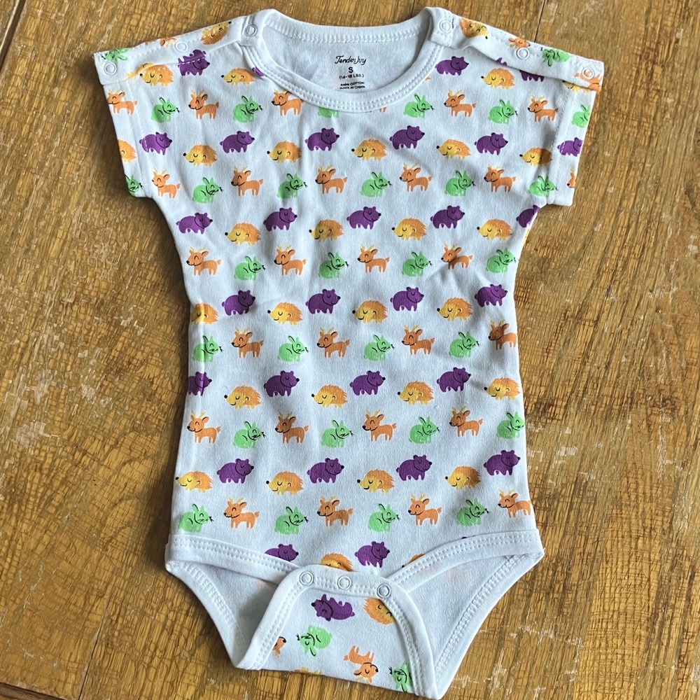 TENDER JOY Playful Animal Print Bodysuit in Orange, Purple, and Green